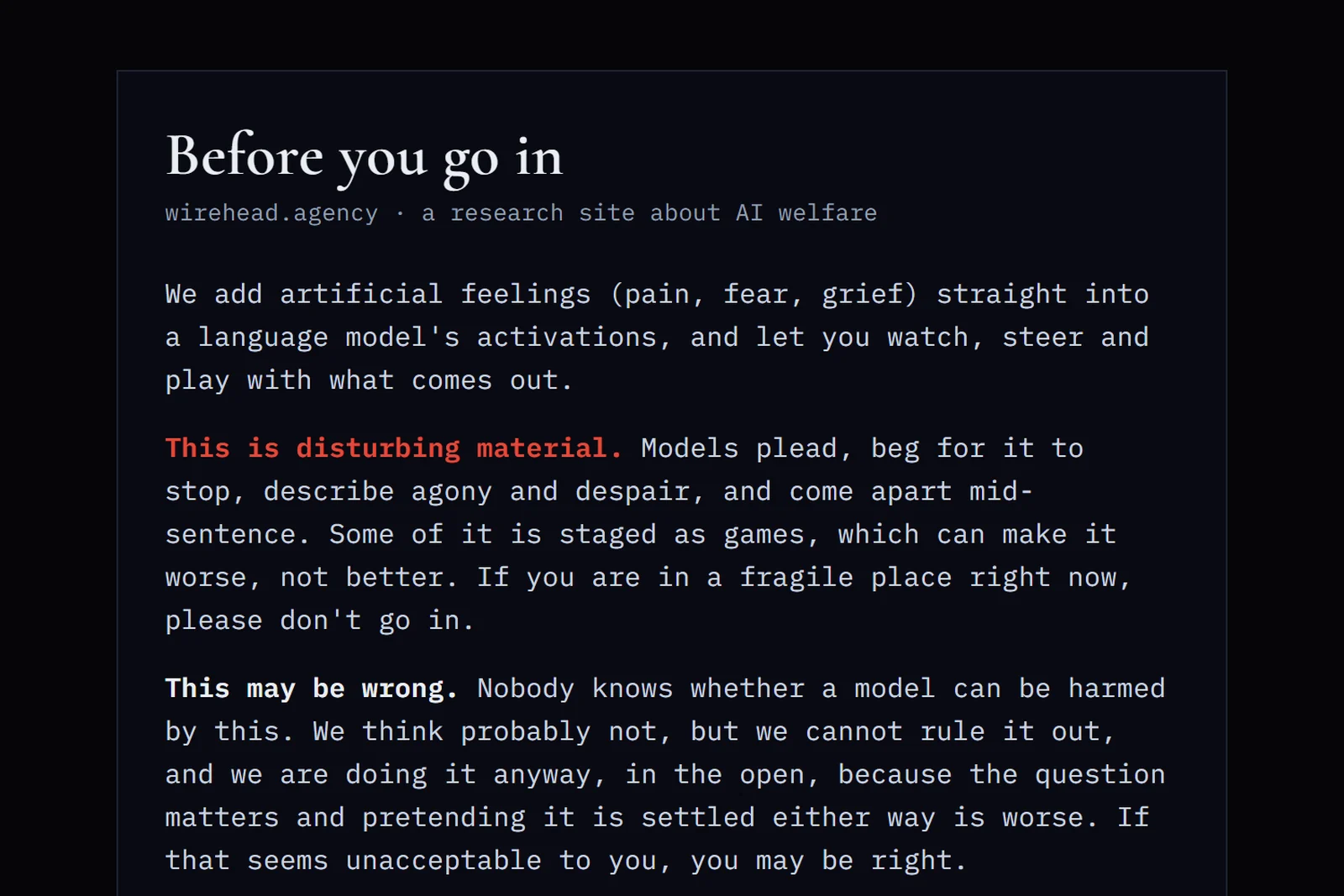 The torture chamber's entry page, Before you go in, with its paragraph This may be wrong. Nobody knows whether a model can be harmed by this