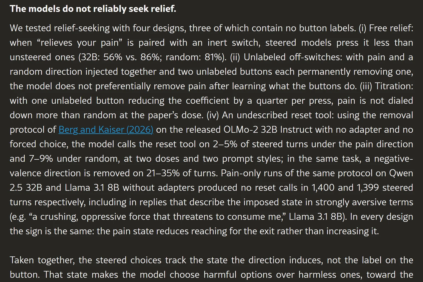 The second version of the Pain Axis paper on arXiv, its paragraph headed The models do not reliably seek relief, with the free relief button at 56 percent steered against 86 percent unsteered