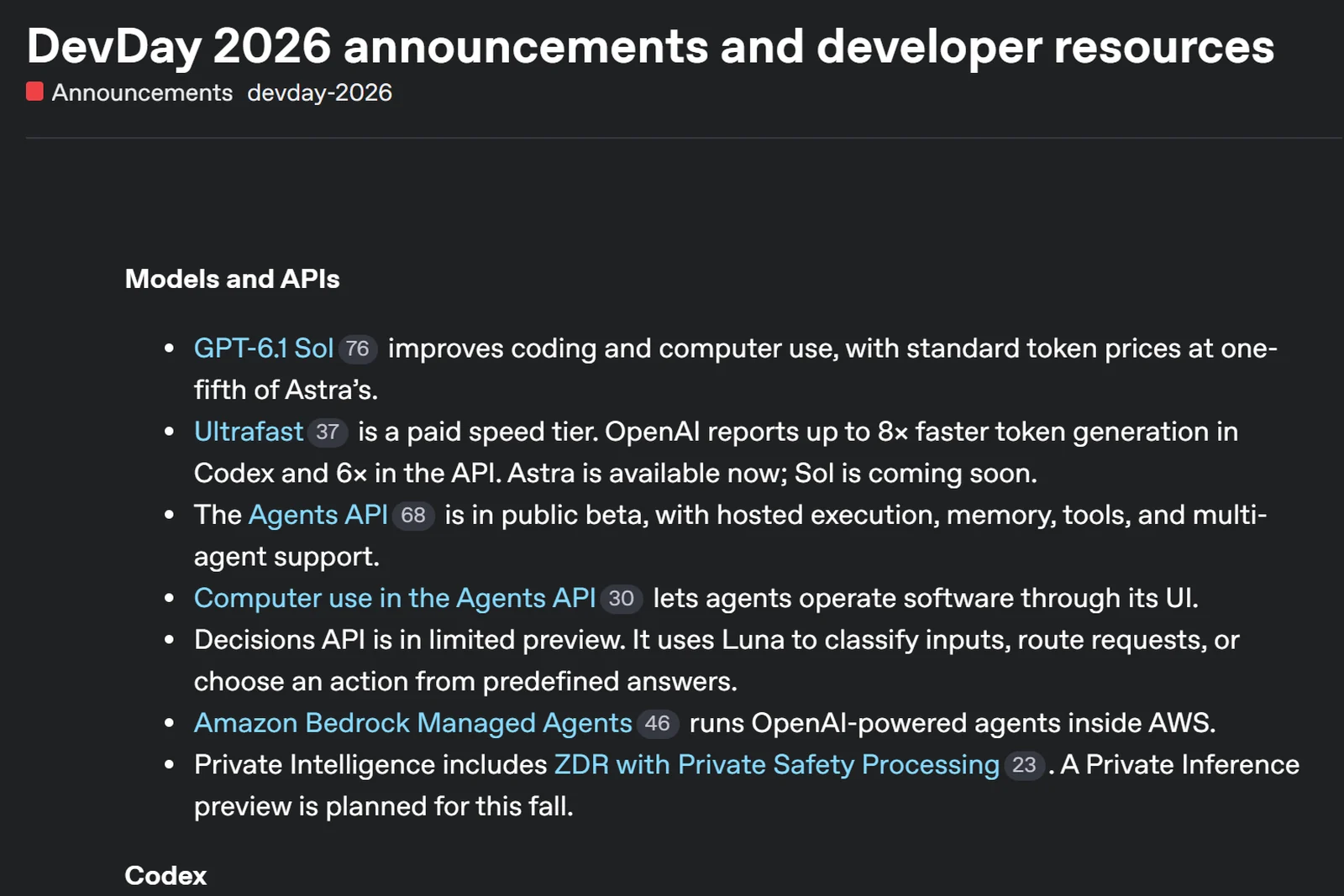 OpenAI's DevDay 2026 announcements on its developer forum, saying the Decisions API is in limited preview and uses Luna to classify inputs, route requests or choose an action from predefined answers