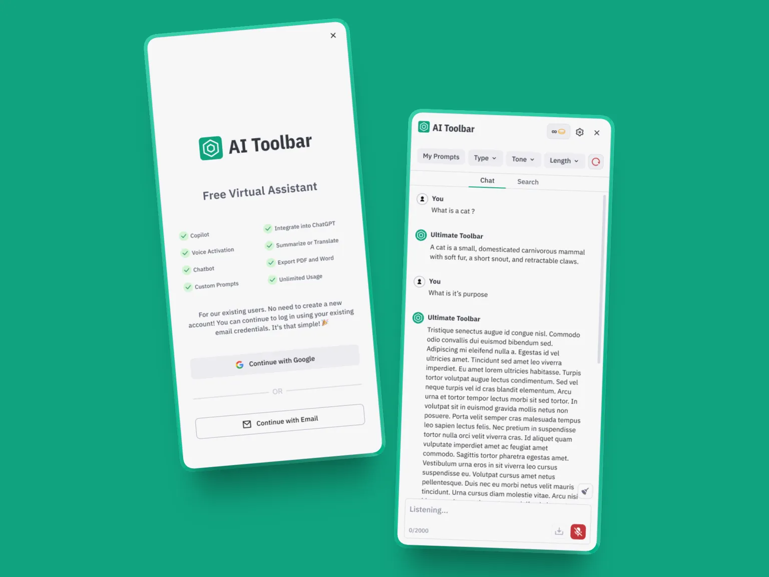 The new extension's first screen, telling existing users to sign in with the details they already had, beside the sidebar chat