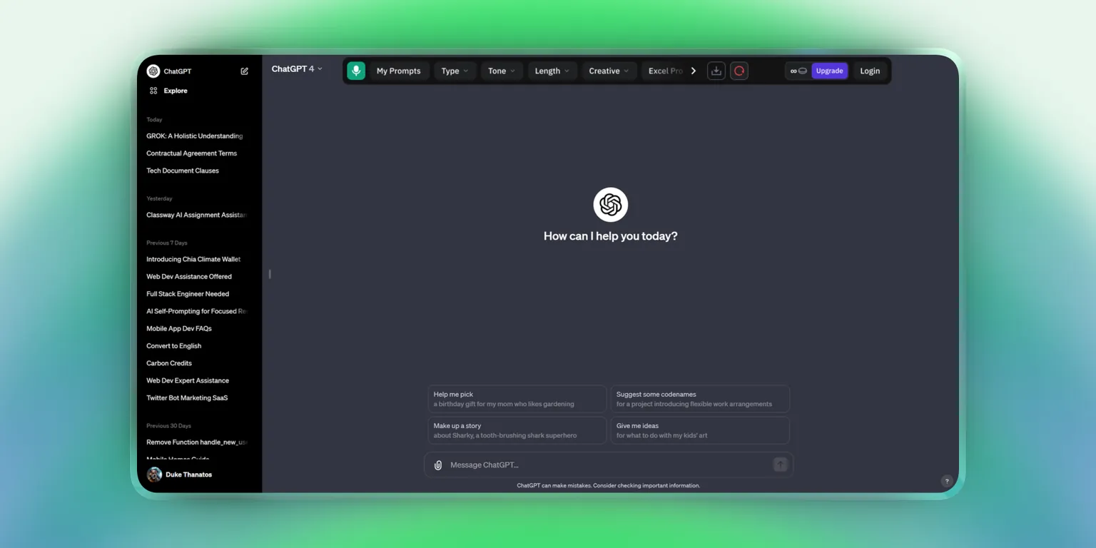 The redesigned AI Toolbar across the top of ChatGPT, with its menus for prompts, type, tone, length and style