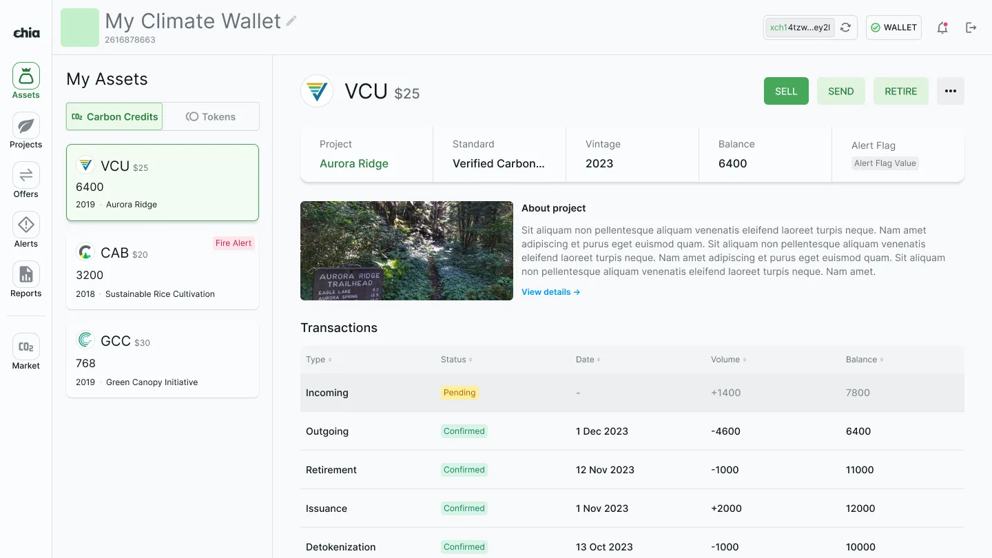 The Climate Wallet's assets, each carbon credit a tile with its unit, balance, vintage and project, and one credit open with its project, standard, vintage, balance, alert flag and transactions, beside Sell, Send and Retire