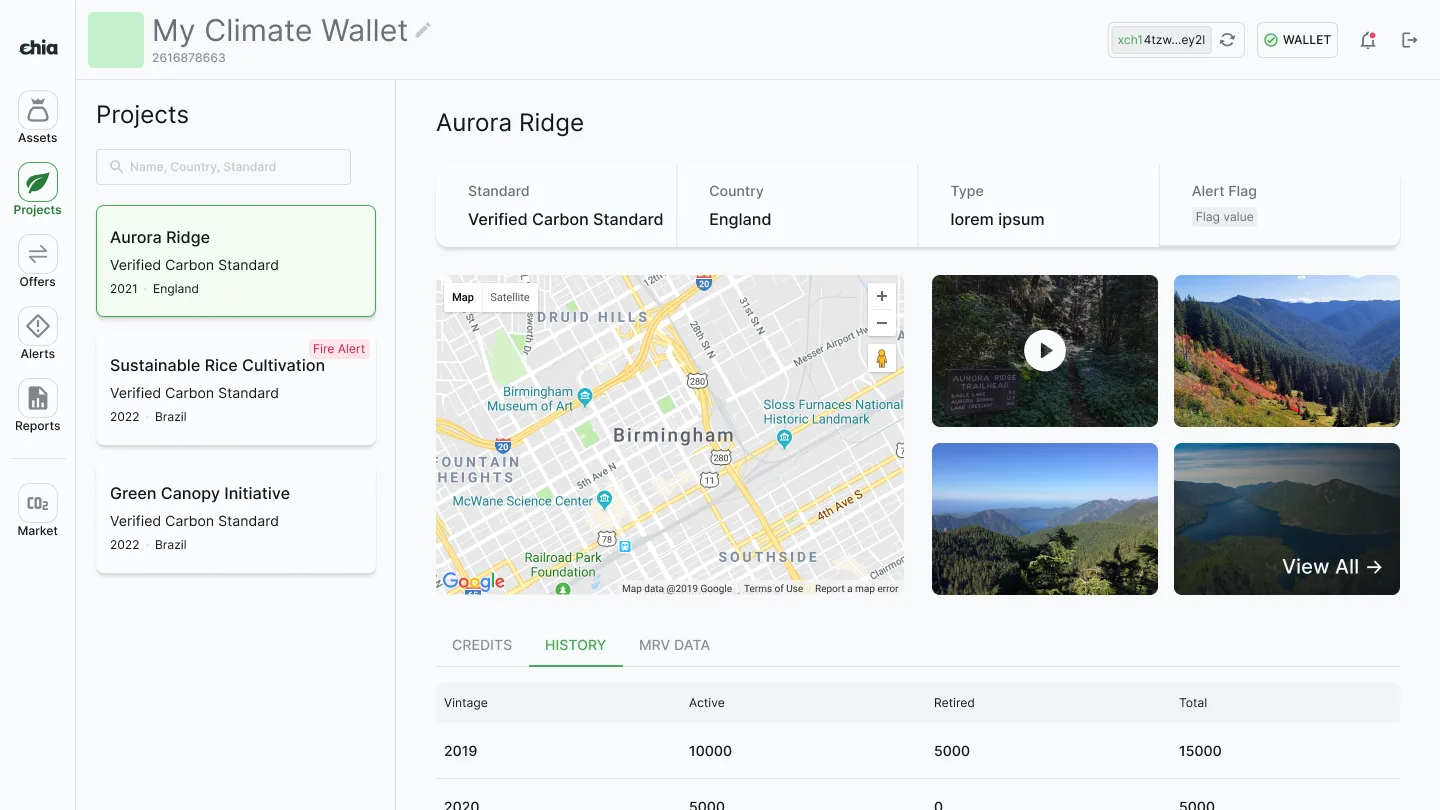 A project's page in the Climate Wallet, with its standard, country, type and alert flag, a map and pictures of the site, and tabs for its credits, history and MRV data, with the history open