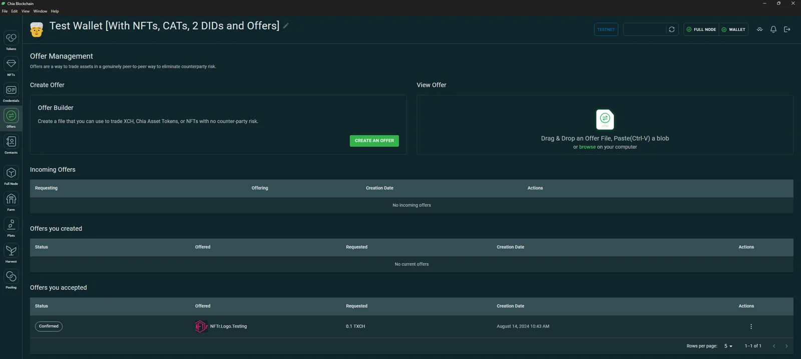 Chia's reference wallet on its test network, running as a full node, with an NFT offer confirmed
