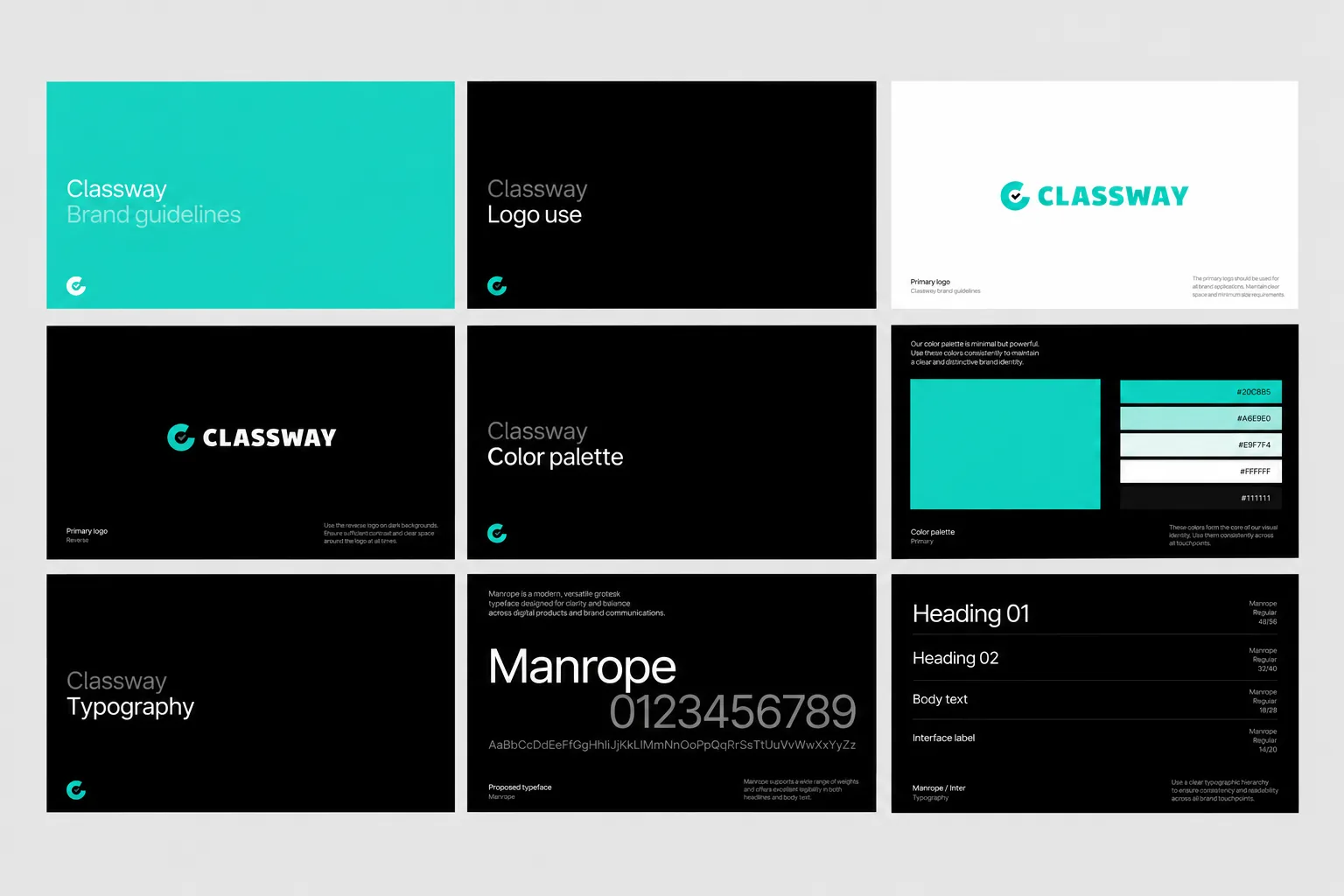 Classway's brand guidelines, with the logo, the teal palette and the Manrope type