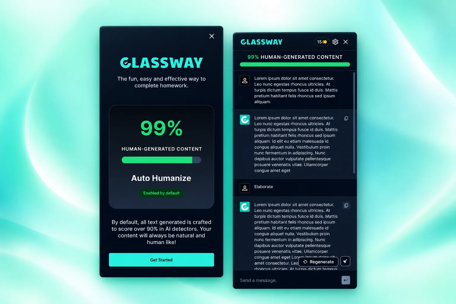 The Classway extension, its welcome screen and the sidebar answering with a 99% human-generated score