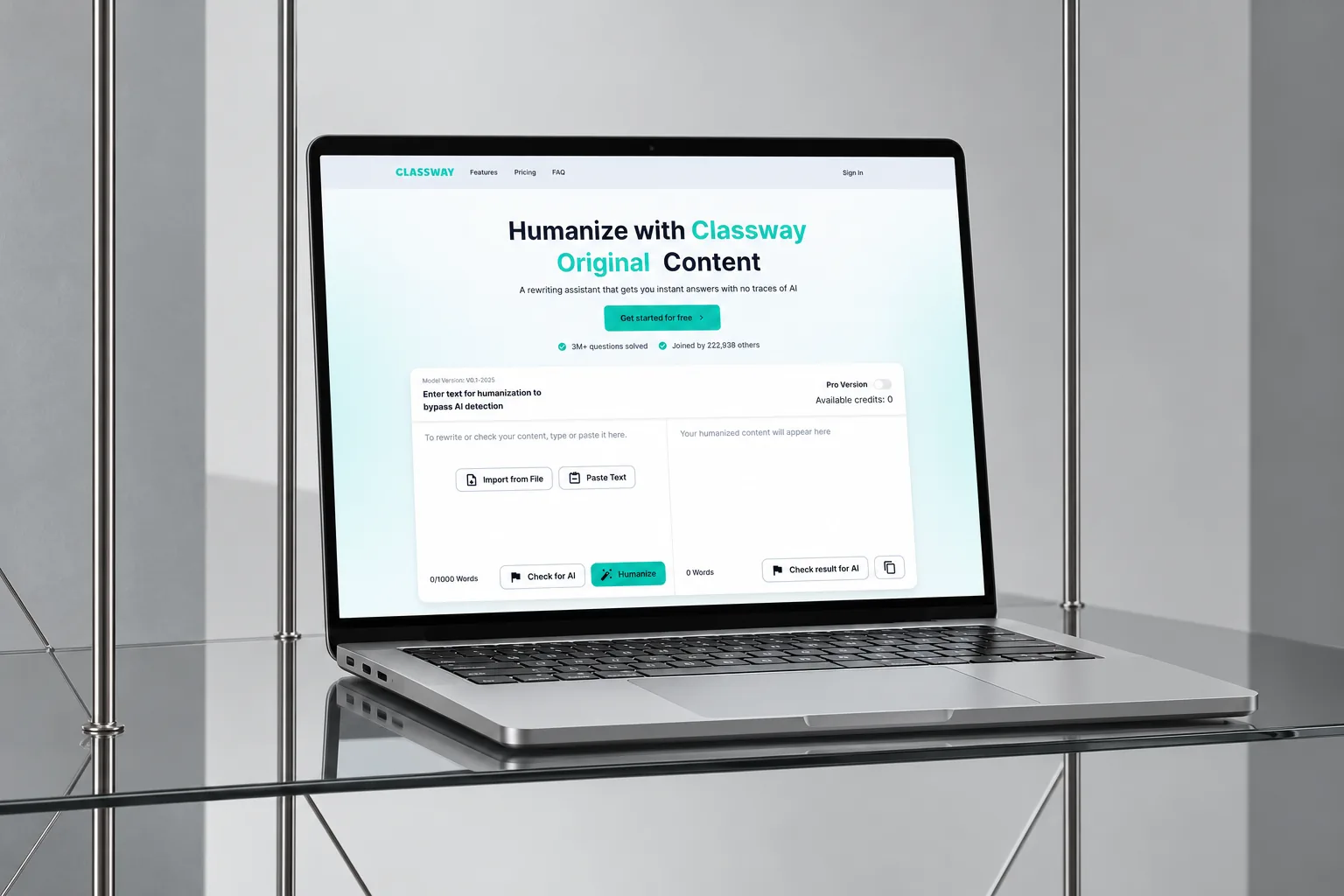 The Classway humanizer on a laptop, the text a student pastes in on the left and the humanized version on the right