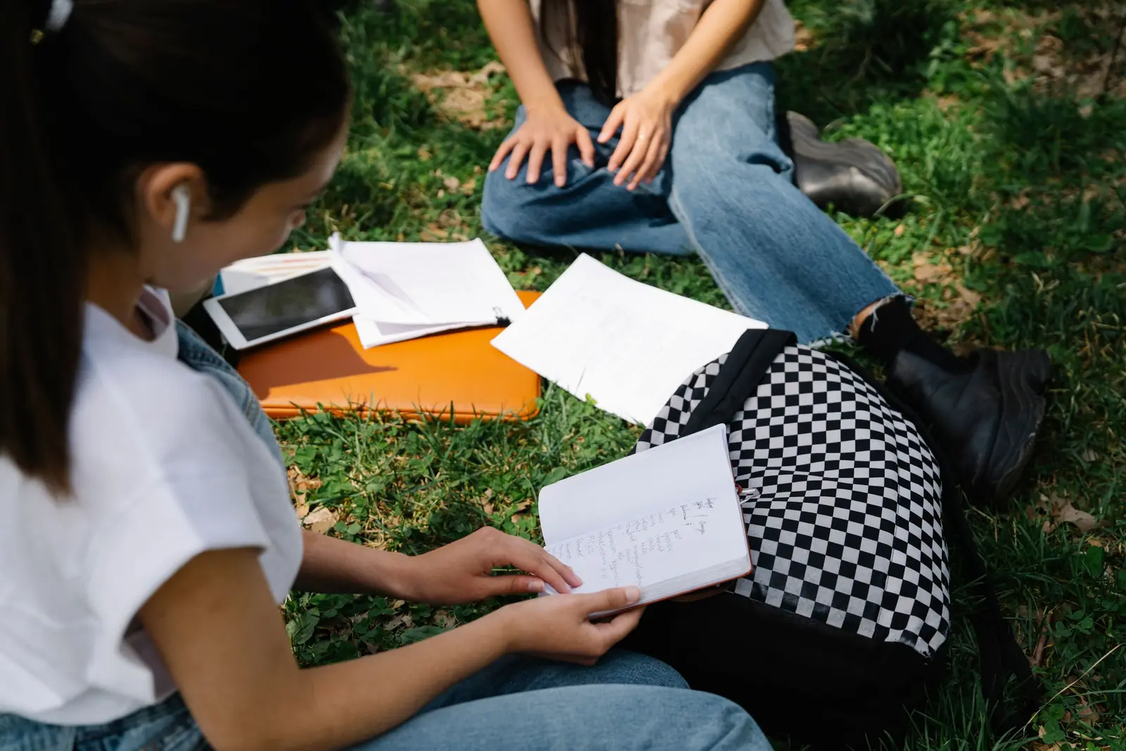 Students studying together on the grass with notebooks, a tablet and a laptop