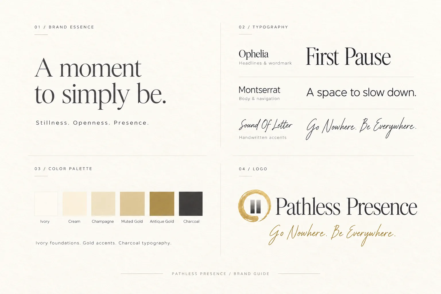 The Pathless Presence brand guide, with the brand's essence, its typefaces, its ivory to charcoal palette and the logo