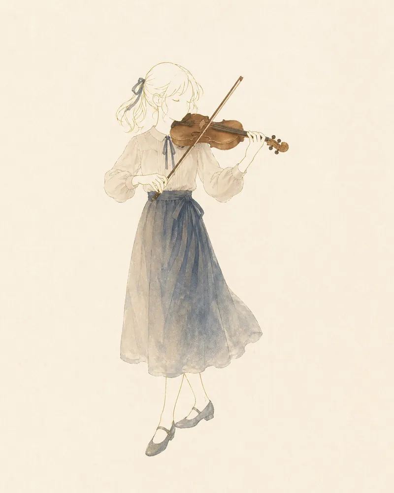 A girl playing the violin from the GPT Image agent, in full colour with drawn lines