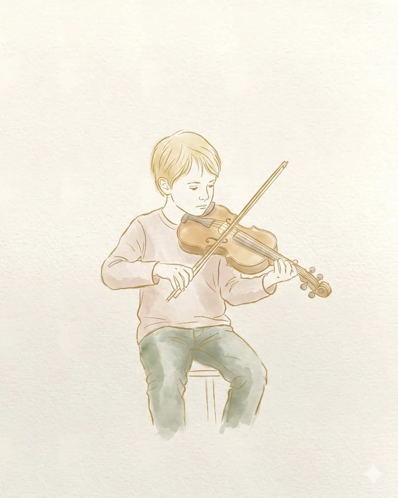 A boy playing the violin from the team's own tries, filled in with colour