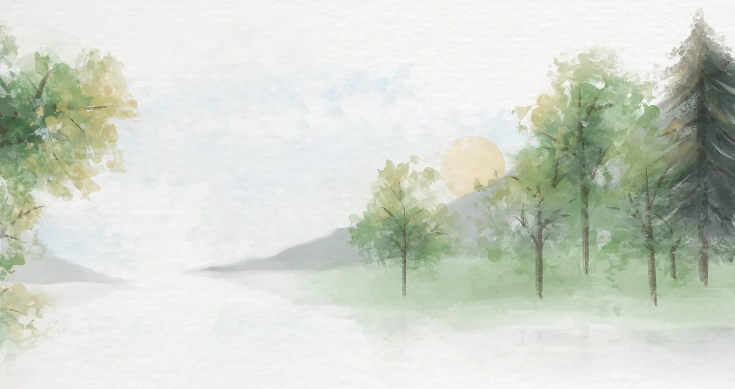 A watercolour of trees on a misty shore under a pale sun