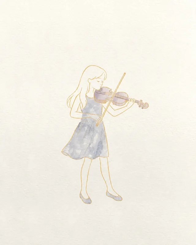 A girl in a blue dress playing the violin