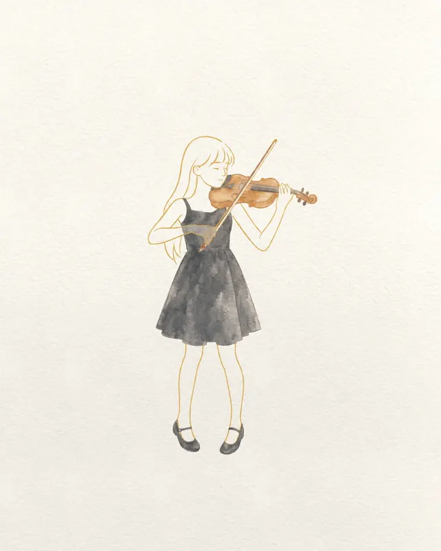 A girl in a black dress playing the violin