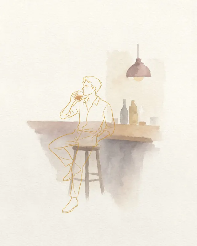 A man at a bar, drawn as a gold outline